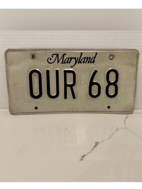 Vintage Maryland License Plate Vanity Plate OUR 68 White Black Mancave Decor